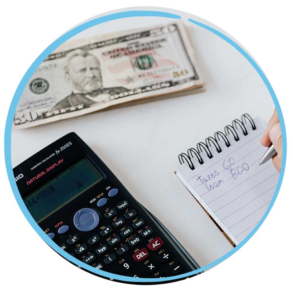 Tableau scene with calculator, 50 dollars, and a person's hand doing a budget with a small notepad