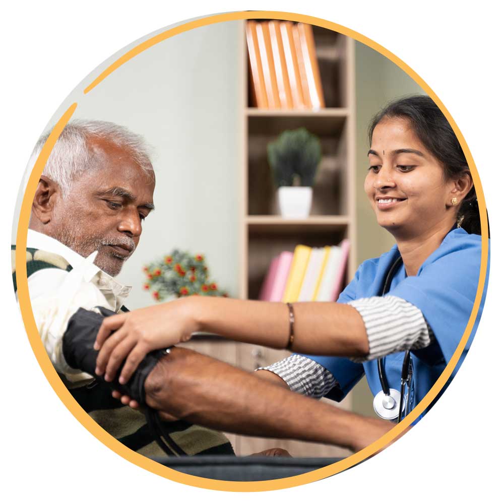 Woman with blood pressure cuff smiling and older gentleman